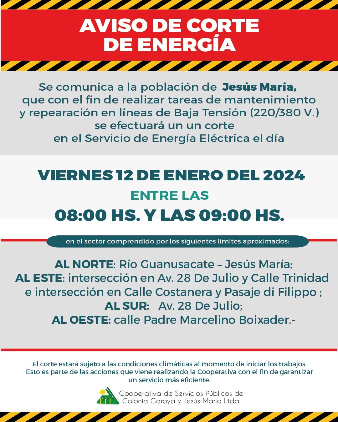 CORTE PROGRAMADO DE ENERGÍA AFECTARÁ JESÚS MARÍA