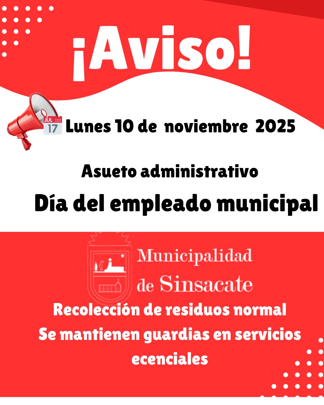 Asueto administrativo Municipalidad de Sinsacate lunes 10 de noviembre