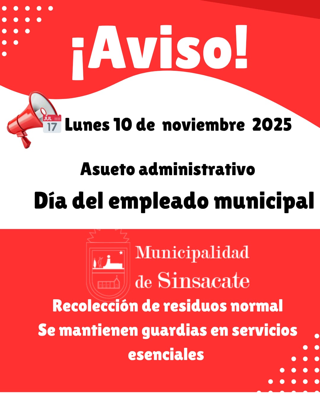 Asueto administrativo Municipalidad de Sinsacate  hoy lunes 10 de noviembre