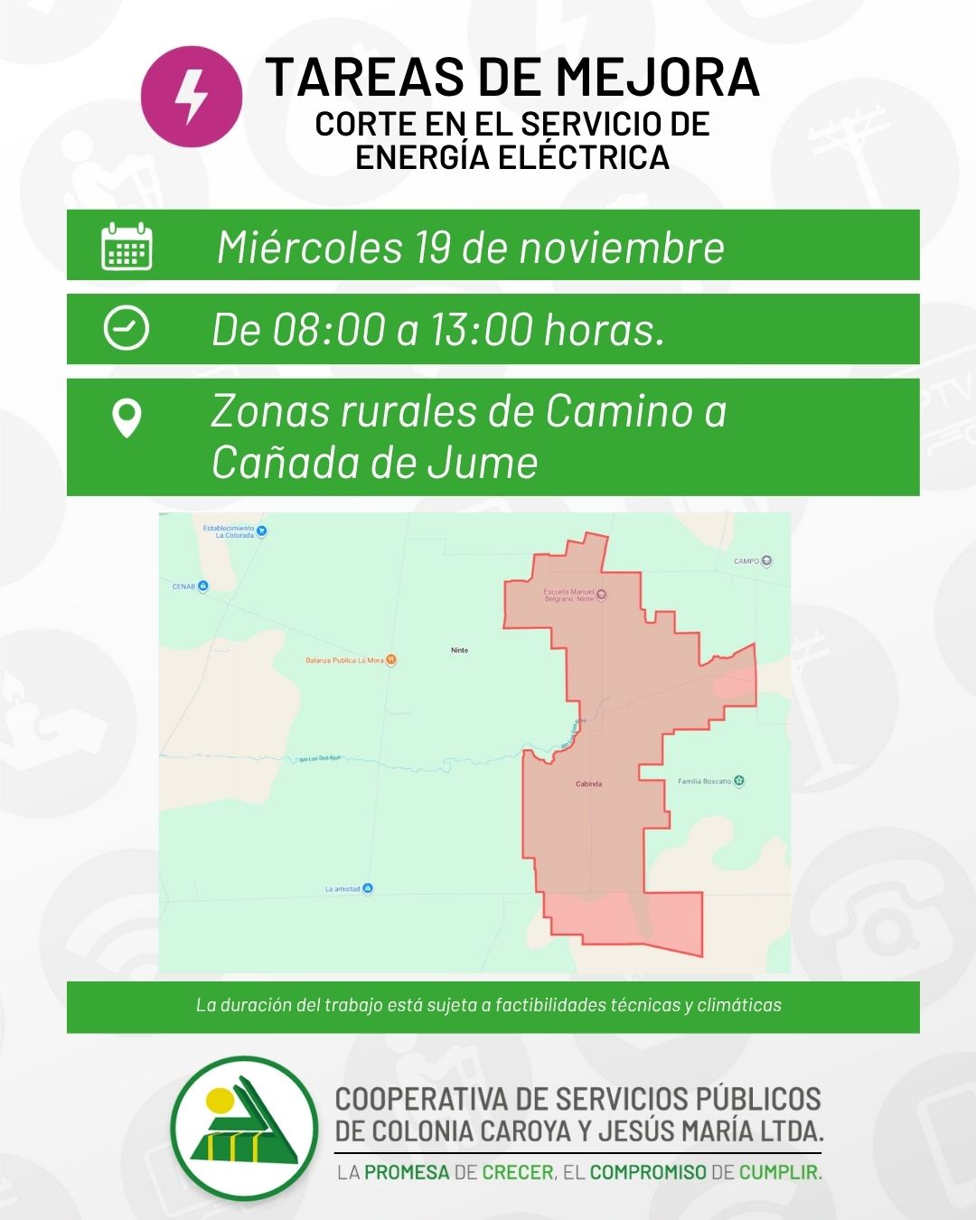 Corte en el servicio de energía eléctrica por TAREAS DE MEJORAS