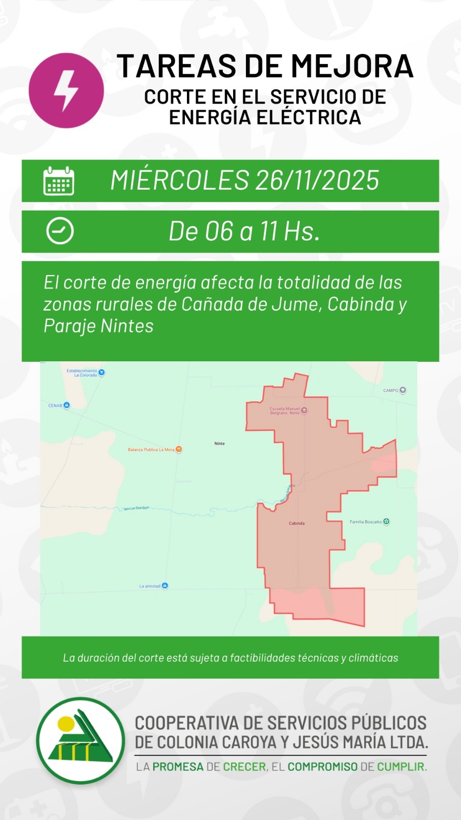 Infocoope: Corte en el servicio de energía eléctrica por tareas de mejoras