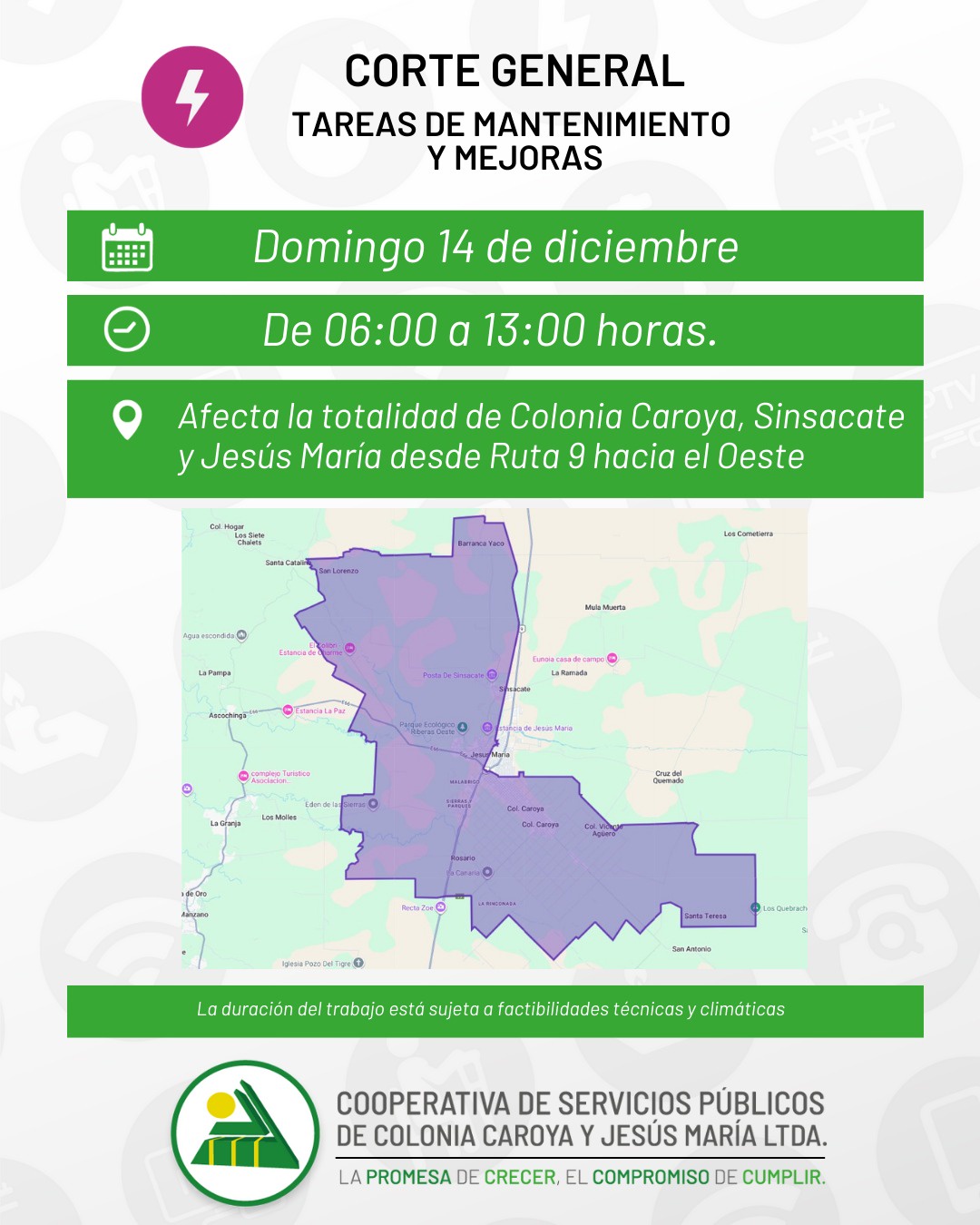 Corte total de energía en Jesús María, Colonia Caroya y Sinsacate