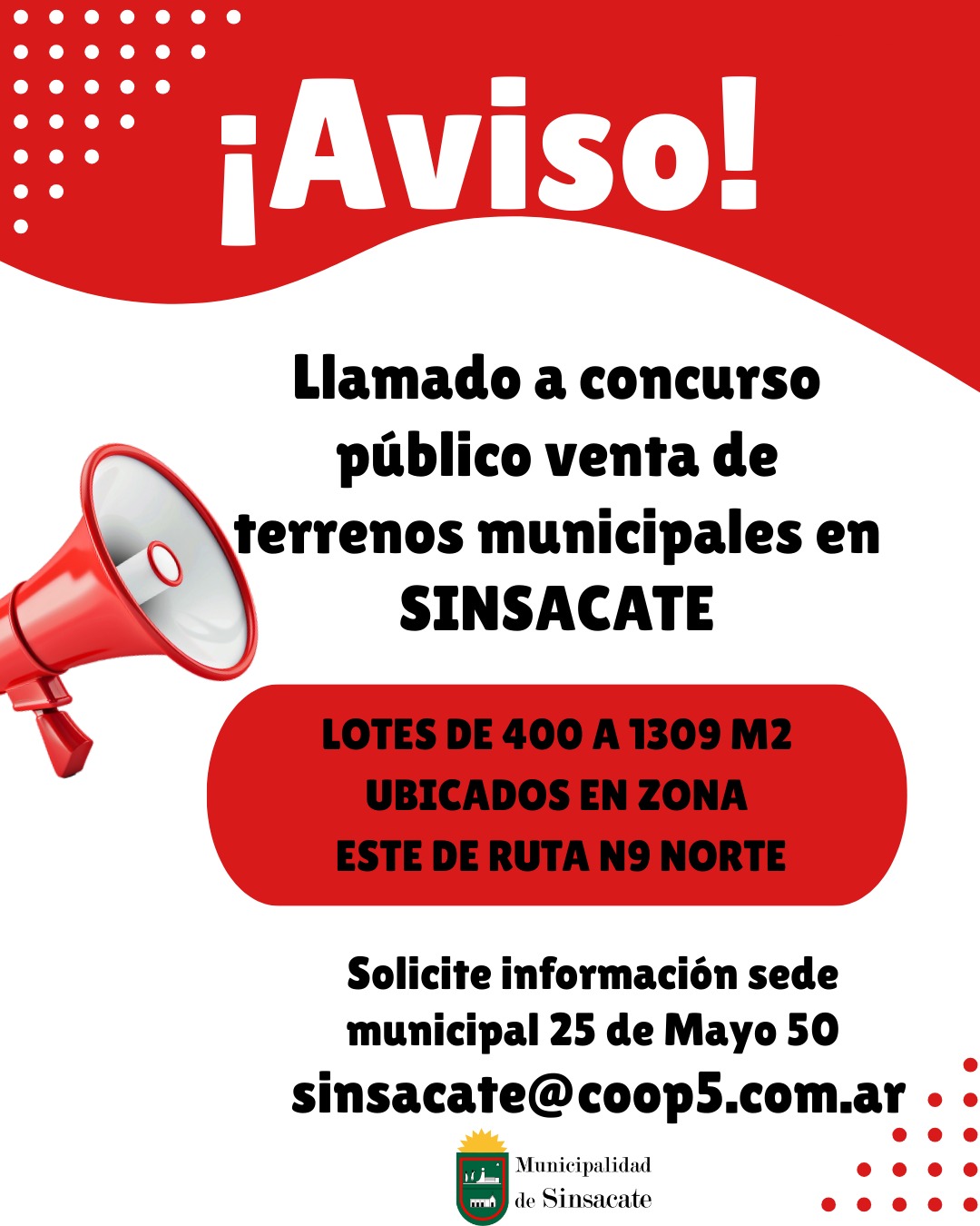 La Municipalidad de Sinsacate convoca a Concurso Público para la venta de lotes municipales