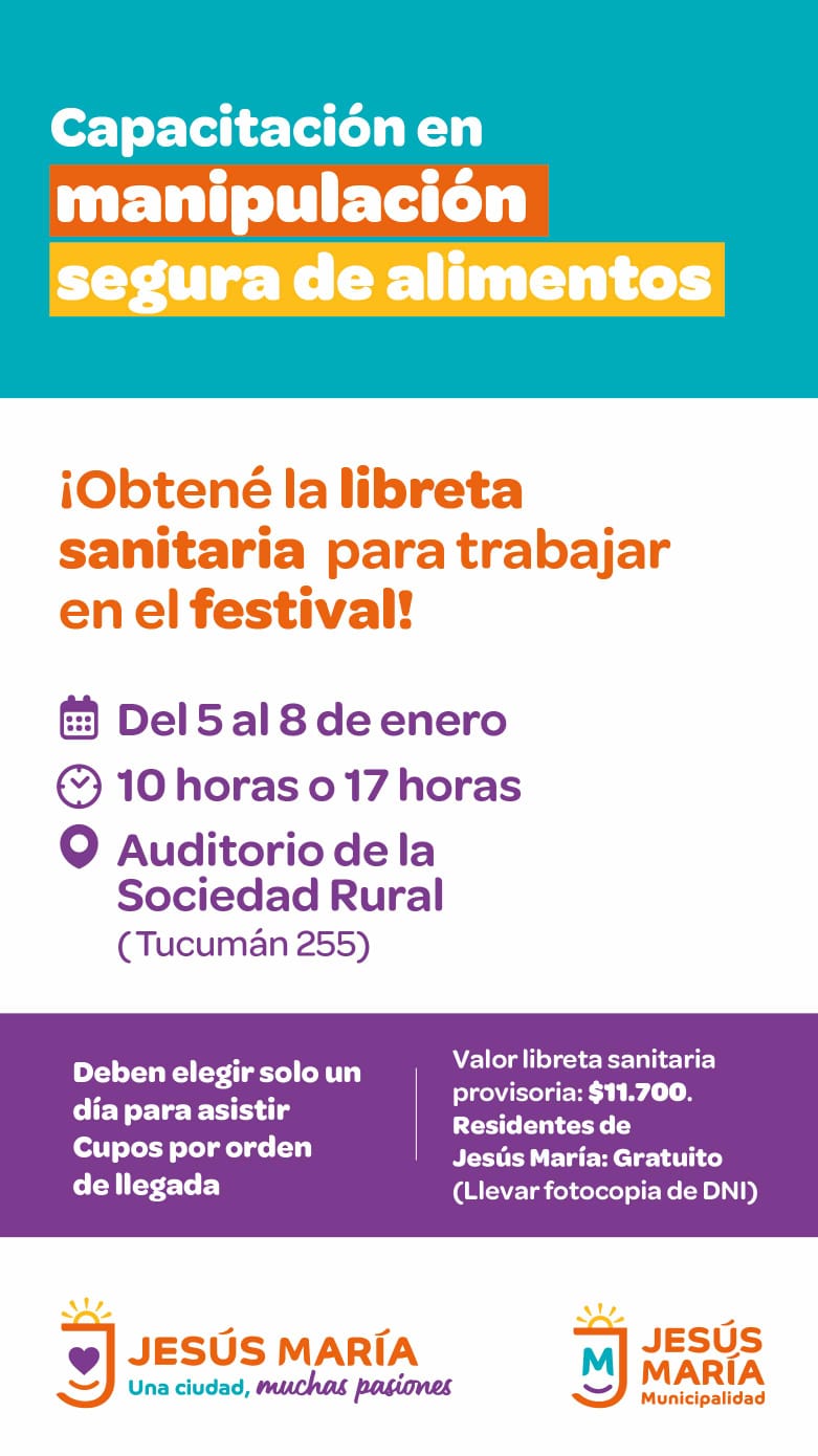 Jesús María hará cuatro jornadas de capacitaciones de manipulación de alimentos para el Festiva