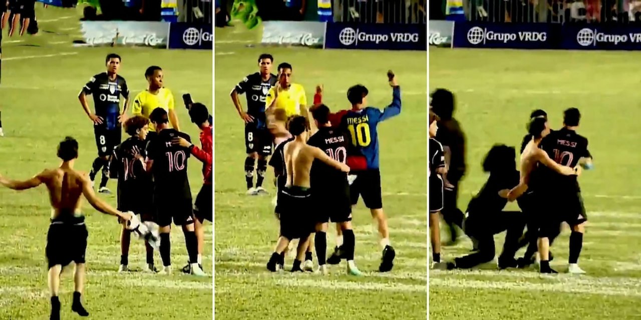 ¡Con Messi no! Hinchas invadieron la cancha para abrazarlo y Leo terminó en el piso