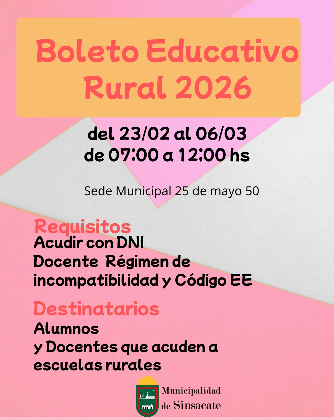 Sinsacate: Boleto Educativo Rural 2026