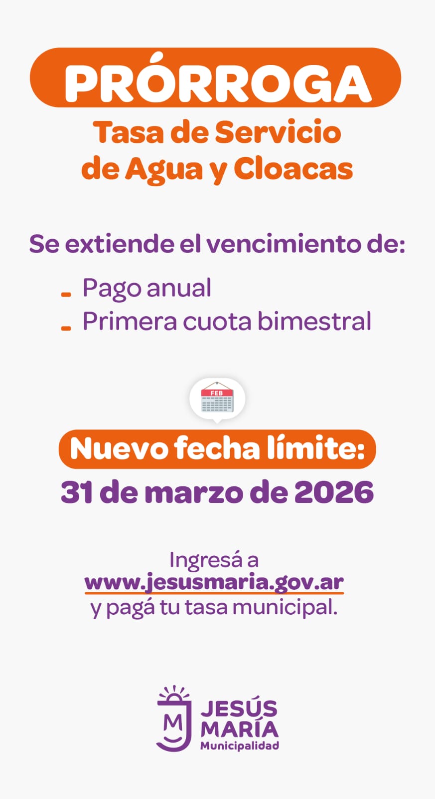 Jesús María: se extiende el vencimiento del pago del servicio de Agua y Cloacas