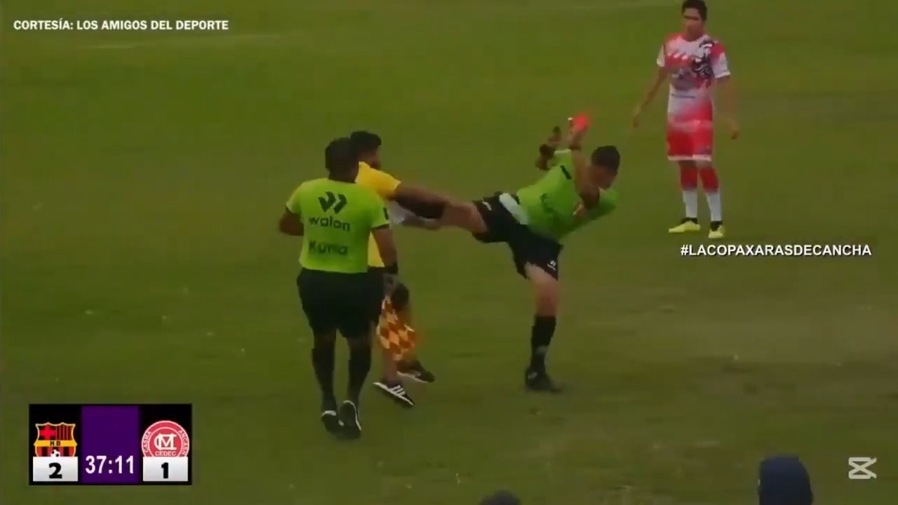 Tremenda patada de un árbitro al ayudante del equipo que estaba perdiendo y quiso agredirlo con una botella