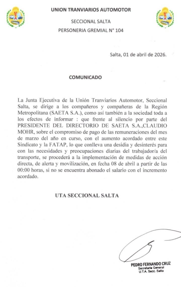 La UTA salta advierte sobre un posible paro de colectivos si no se paga el aumento salarial